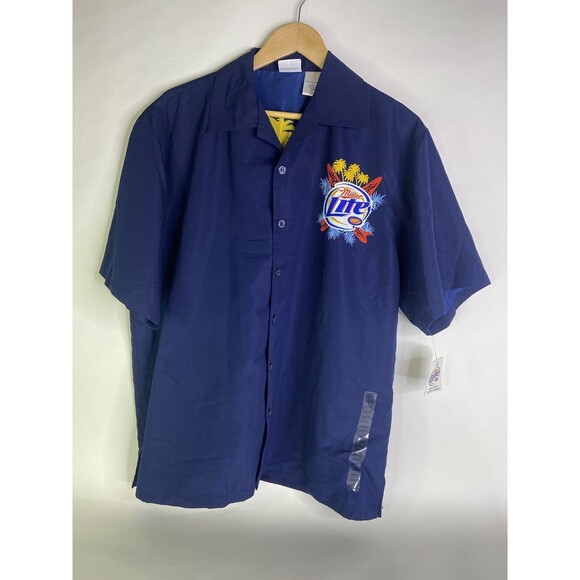 Miller Lite Mens Size L Hawaiian Surf Camp Shirt Short Sleeve Blue Button Down - Picture 3 of 7